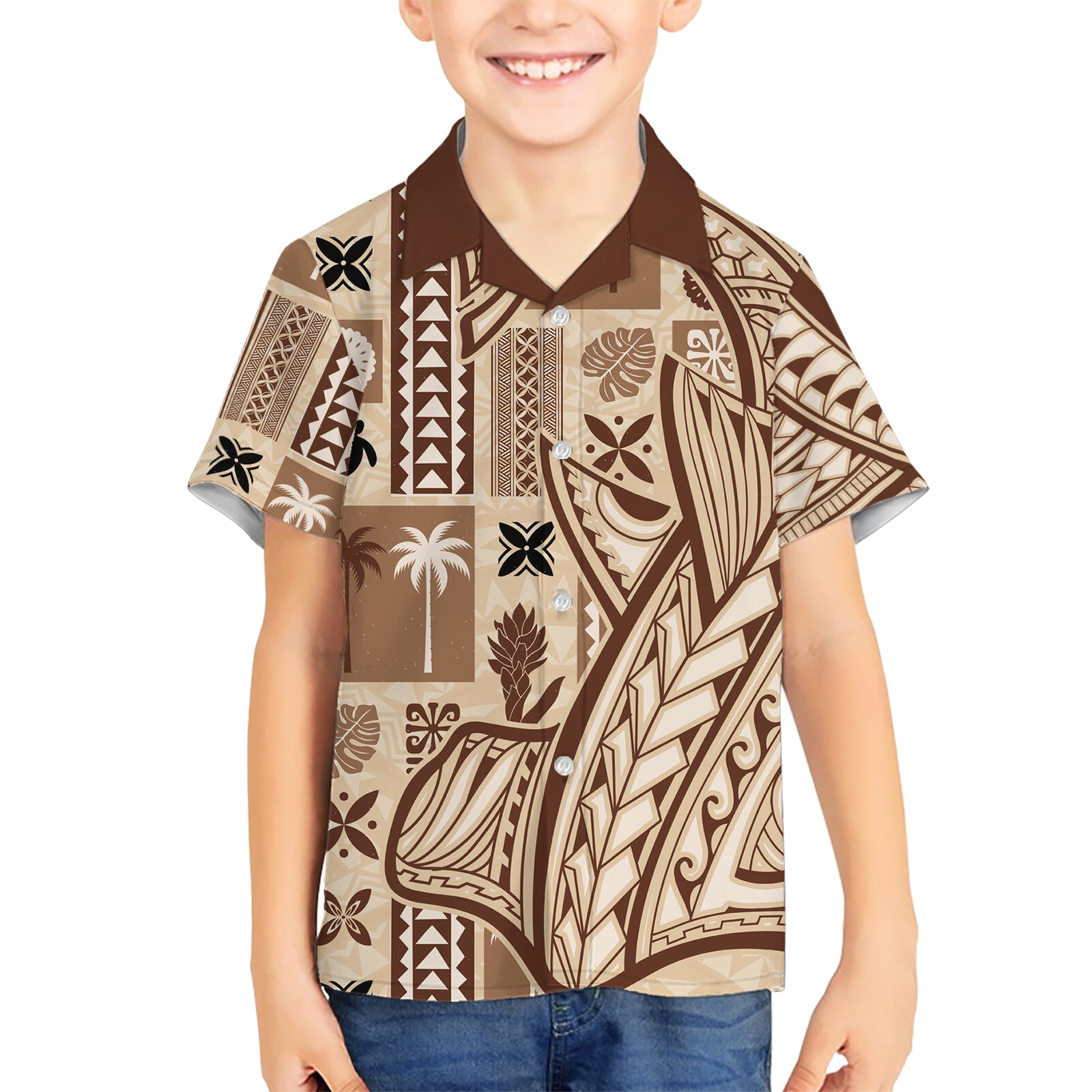 Samoa Tapa Kid Hawaiian Shirt Siapo Mix Tatau Patterns LT7 Kid Beige - Polynesian Pride