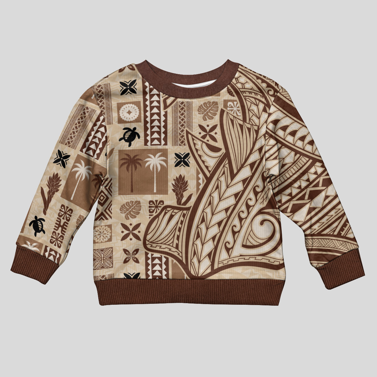 Samoa Tapa Kid Ugly Christmas Sweater Siapo Mix Tatau Patterns LT7 Kid Beige - Polynesian Pride