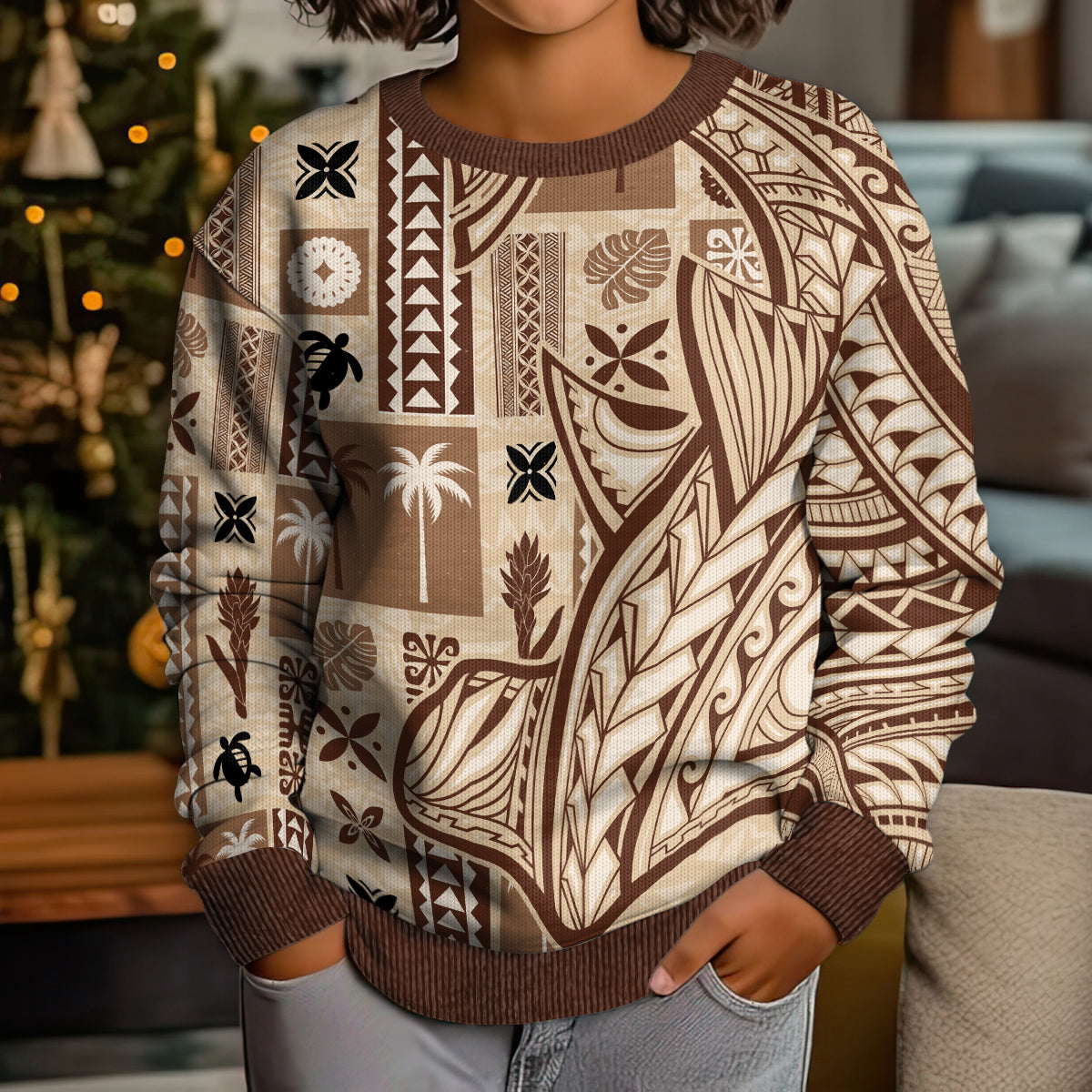 Samoa Tapa Kid Ugly Christmas Sweater Siapo Mix Tatau Patterns LT7 - Polynesian Pride