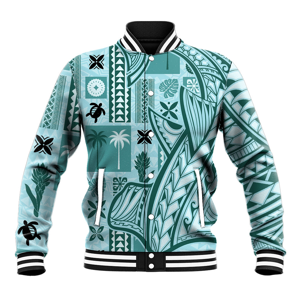 Samoa Tapa Baseball Jacket Siapo Mix Tatau Patterns - Teal LT7 Unisex Teal - Polynesian Pride