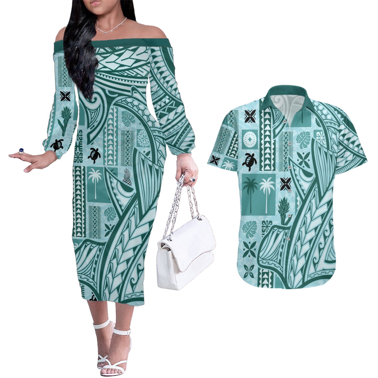 Samoa Tapa Couples Matching Off The Shoulder Long Sleeve Dress and Hawaiian Shirt Siapo Mix Tatau Patterns - Teal LT7 Teal - Polynesian Pride