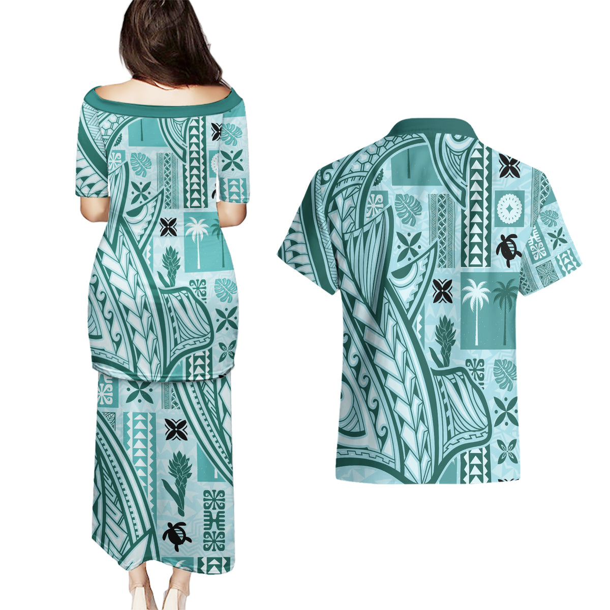 Samoa Tapa Couples Matching Puletasi Dress and Hawaiian Shirt Siapo Mix Tatau Patterns - Teal LT7 - Polynesian Pride