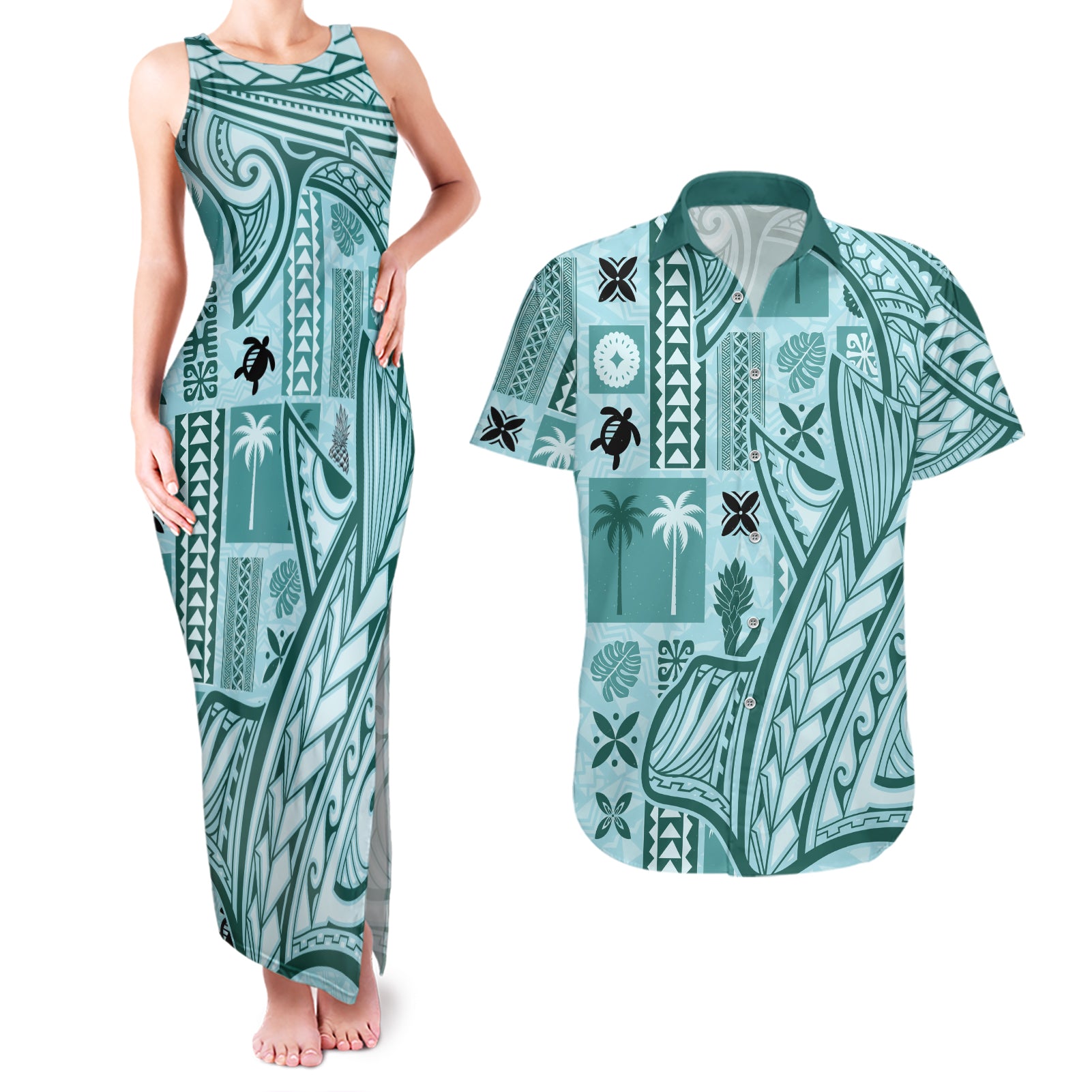 Samoa Tapa Couples Matching Tank Maxi Dress and Hawaiian Shirt Siapo Mix Tatau Patterns - Teal LT7 Teal - Polynesian Pride