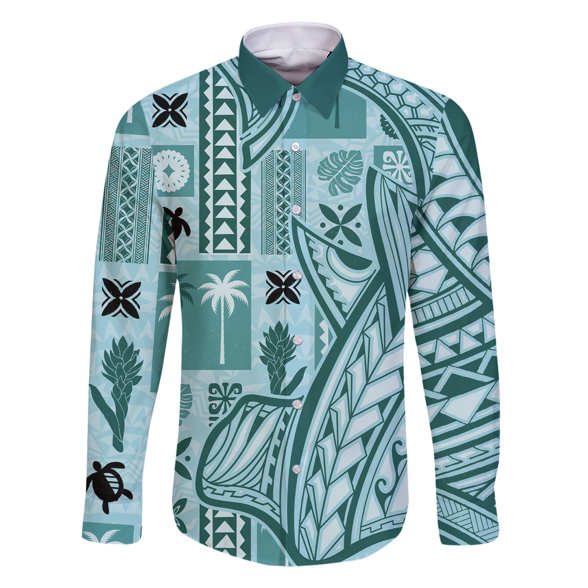 Samoa Tapa Family Matching Off Shoulder Short Dress and Hawaiian Shirt Siapo Mix Tatau Patterns - Teal LT7 Dad's Shirt - Long Sleeve Teal - Polynesian Pride