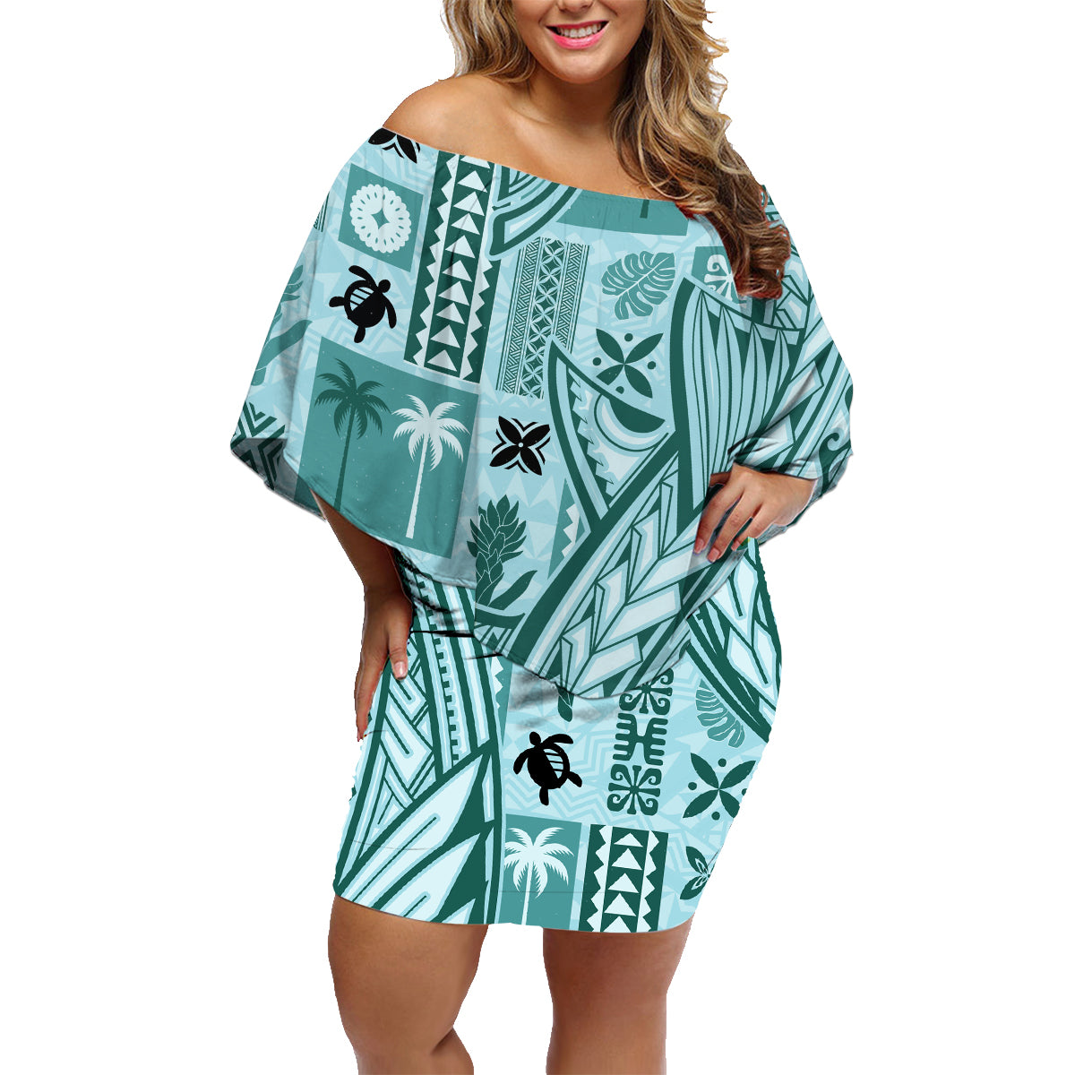 Samoa Tapa Family Matching Off Shoulder Short Dress and Hawaiian Shirt Siapo Mix Tatau Patterns - Teal LT7 Mom's Dress Teal - Polynesian Pride