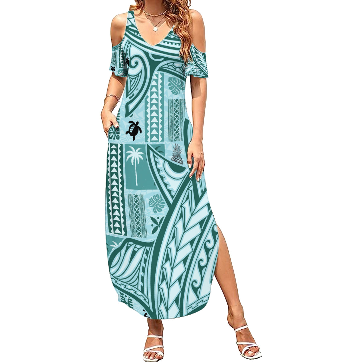 Samoa Tapa Family Matching Summer Maxi Dress and Hawaiian Shirt Siapo Mix Tatau Patterns - Teal LT7 Mom's Dress Teal - Polynesian Pride