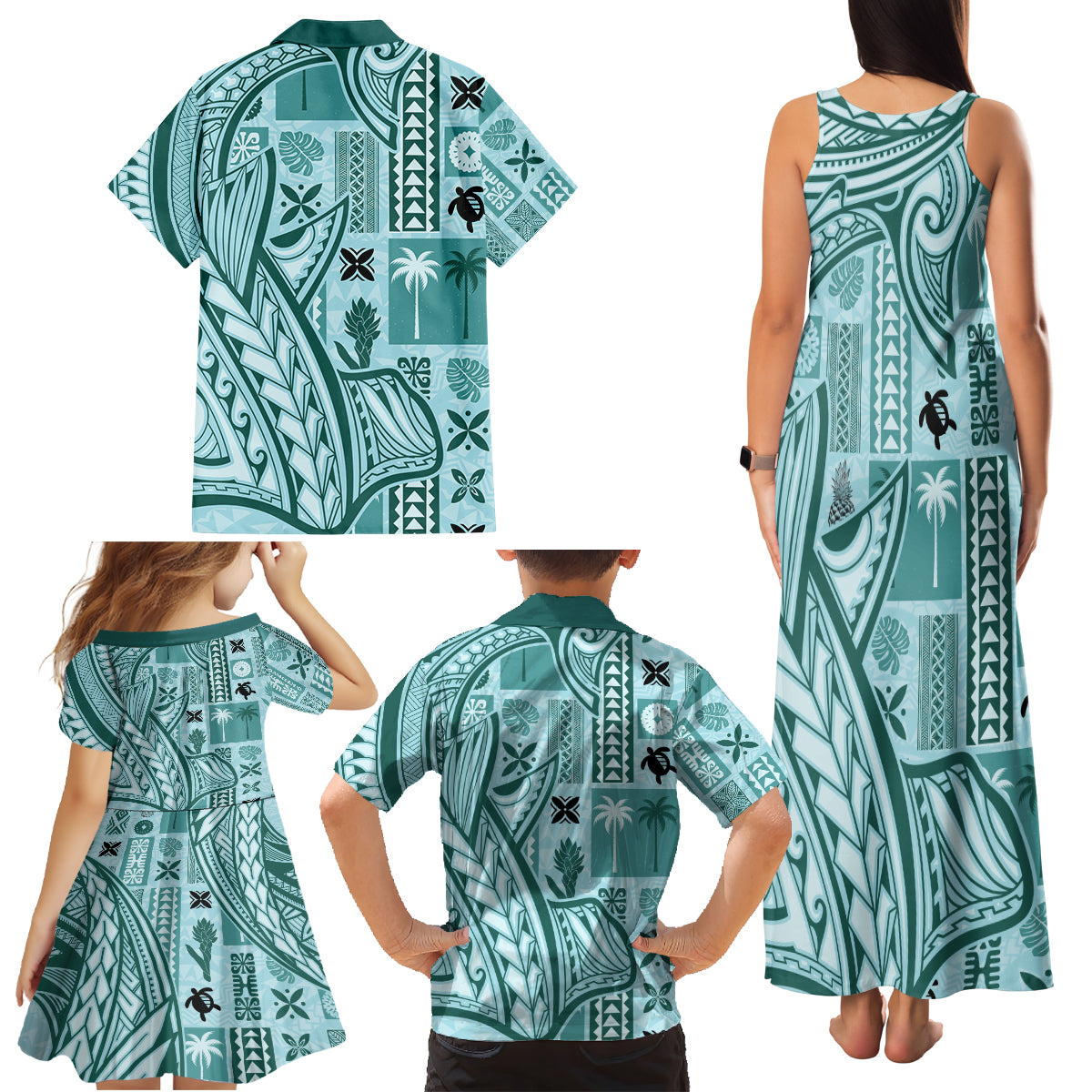 Samoa Tapa Family Matching Tank Maxi Dress and Hawaiian Shirt Siapo Mix Tatau Patterns - Teal LT7 - Polynesian Pride