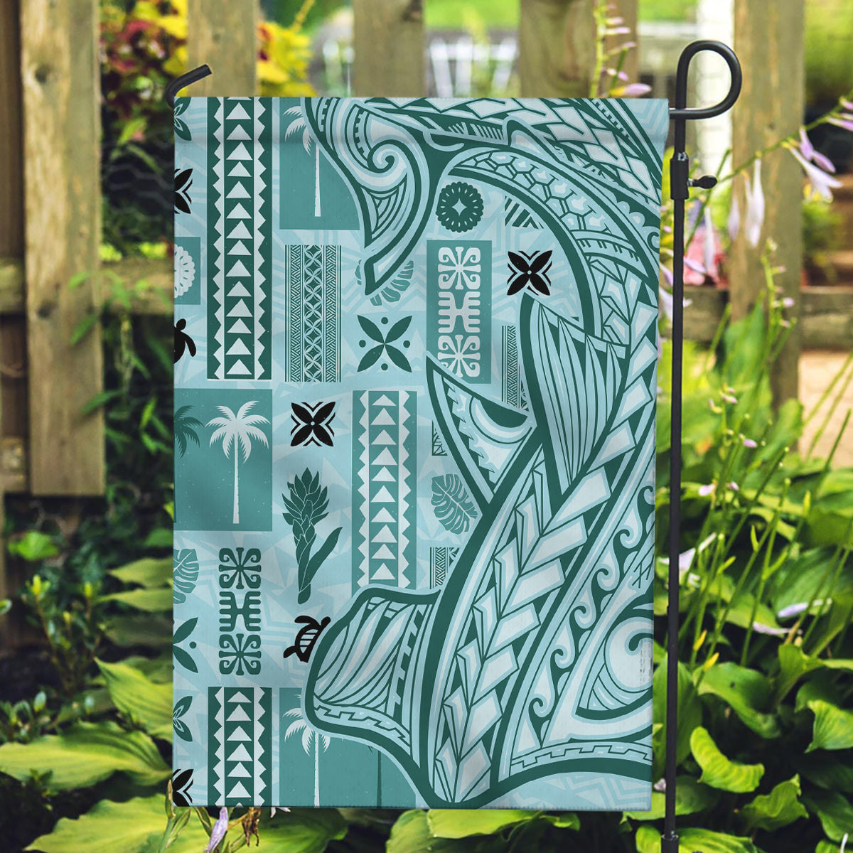 Samoa Tapa Garden Flag Siapo Mix Tatau Patterns - Teal LT7 Garden Flag Teal - Polynesian Pride