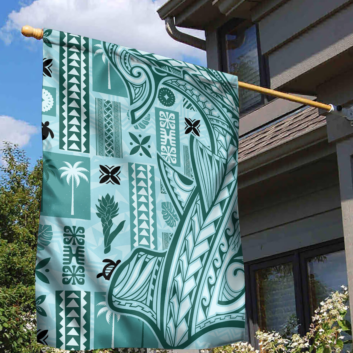 Samoa Tapa Garden Flag Siapo Mix Tatau Patterns - Teal LT7 - Polynesian Pride