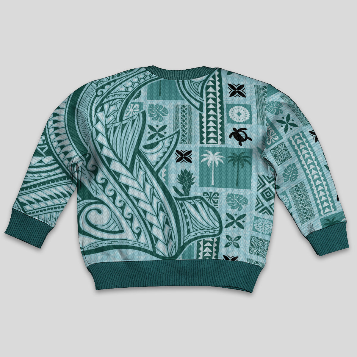 Samoa Tapa Kid Ugly Christmas Sweater Siapo Mix Tatau Patterns - Teal LT7 - Polynesian Pride