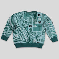 Samoa Tapa Kid Ugly Christmas Sweater Siapo Mix Tatau Patterns - Teal LT7 - Polynesian Pride
