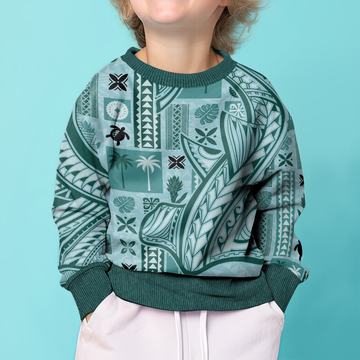 Samoa Tapa Kid Ugly Christmas Sweater Siapo Mix Tatau Patterns - Teal LT7 - Polynesian Pride