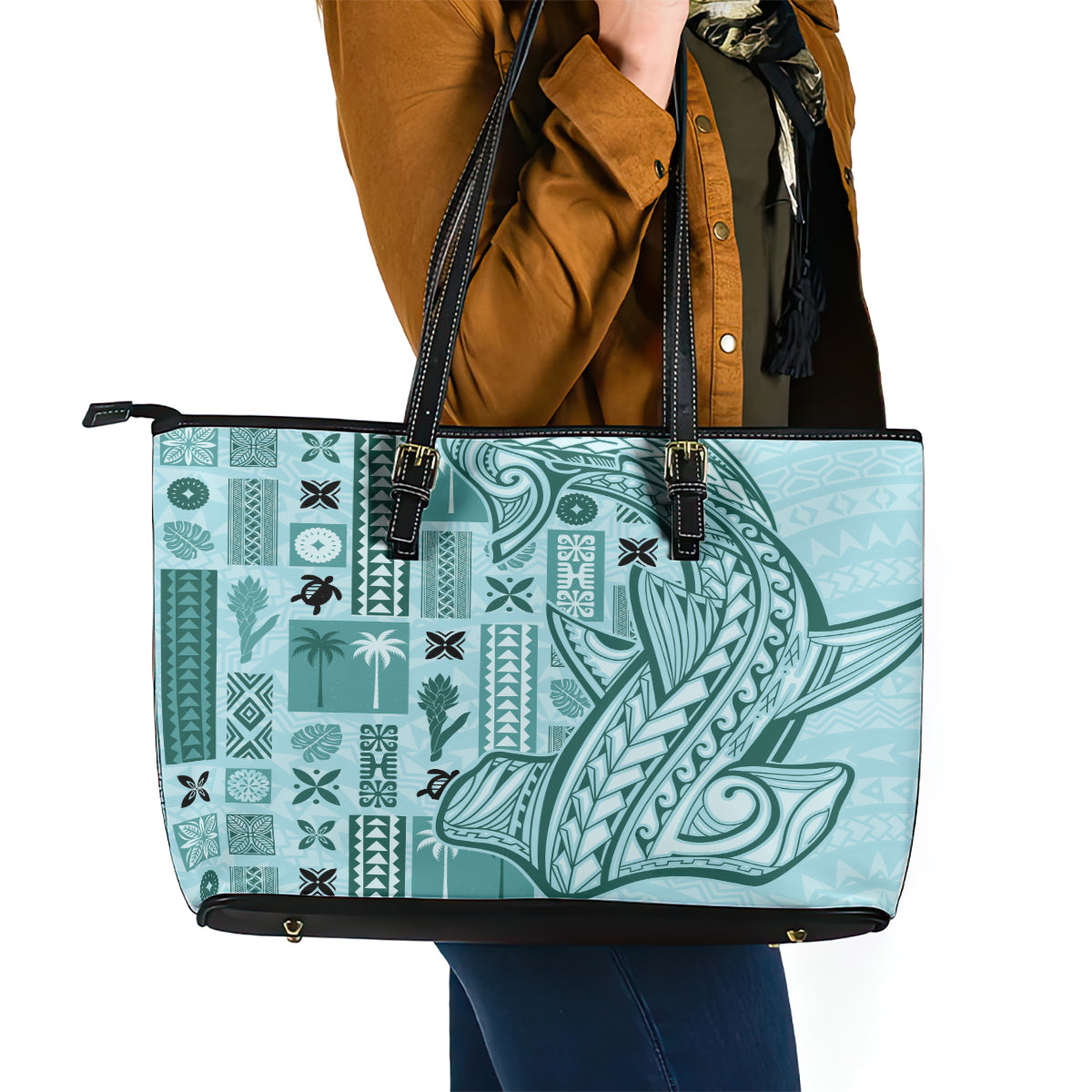 Samoa Tapa Leather Tote Bag Siapo Mix Tatau Patterns - Teal LT7 - Polynesian Pride