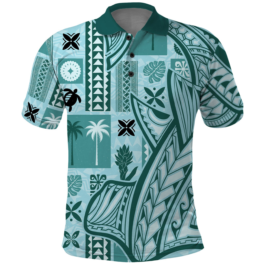 Samoa Tapa Polo Shirt Siapo Mix Tatau Patterns - Teal LT7 Teal - Polynesian Pride