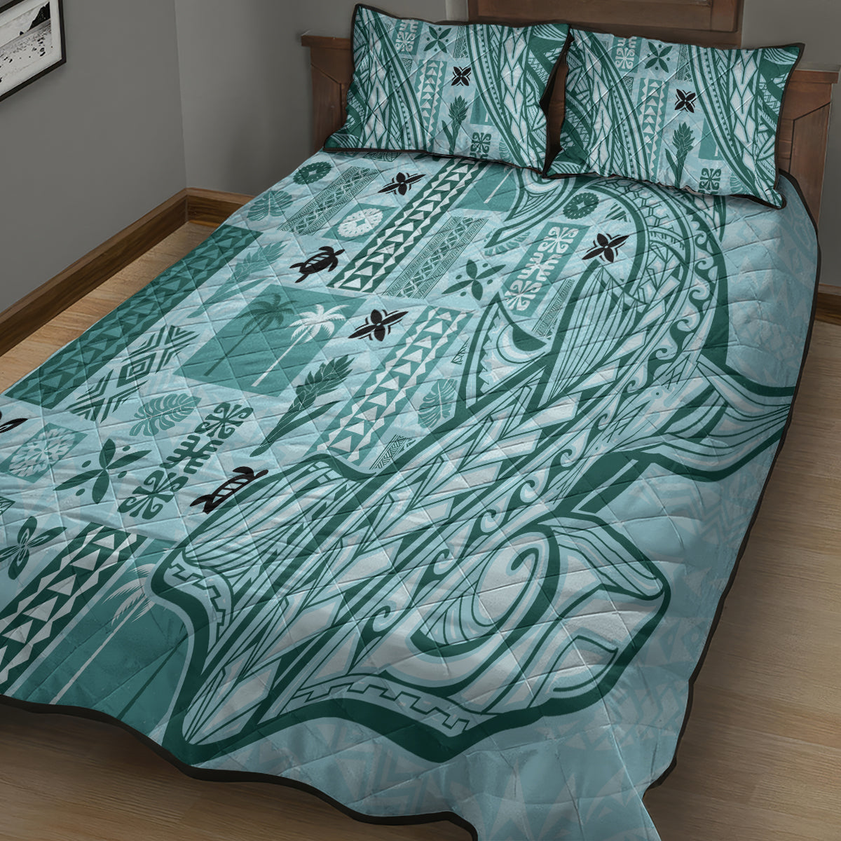 Samoa Tapa Quilt Bed Set Siapo Mix Tatau Patterns - Teal LT7 - Polynesian Pride