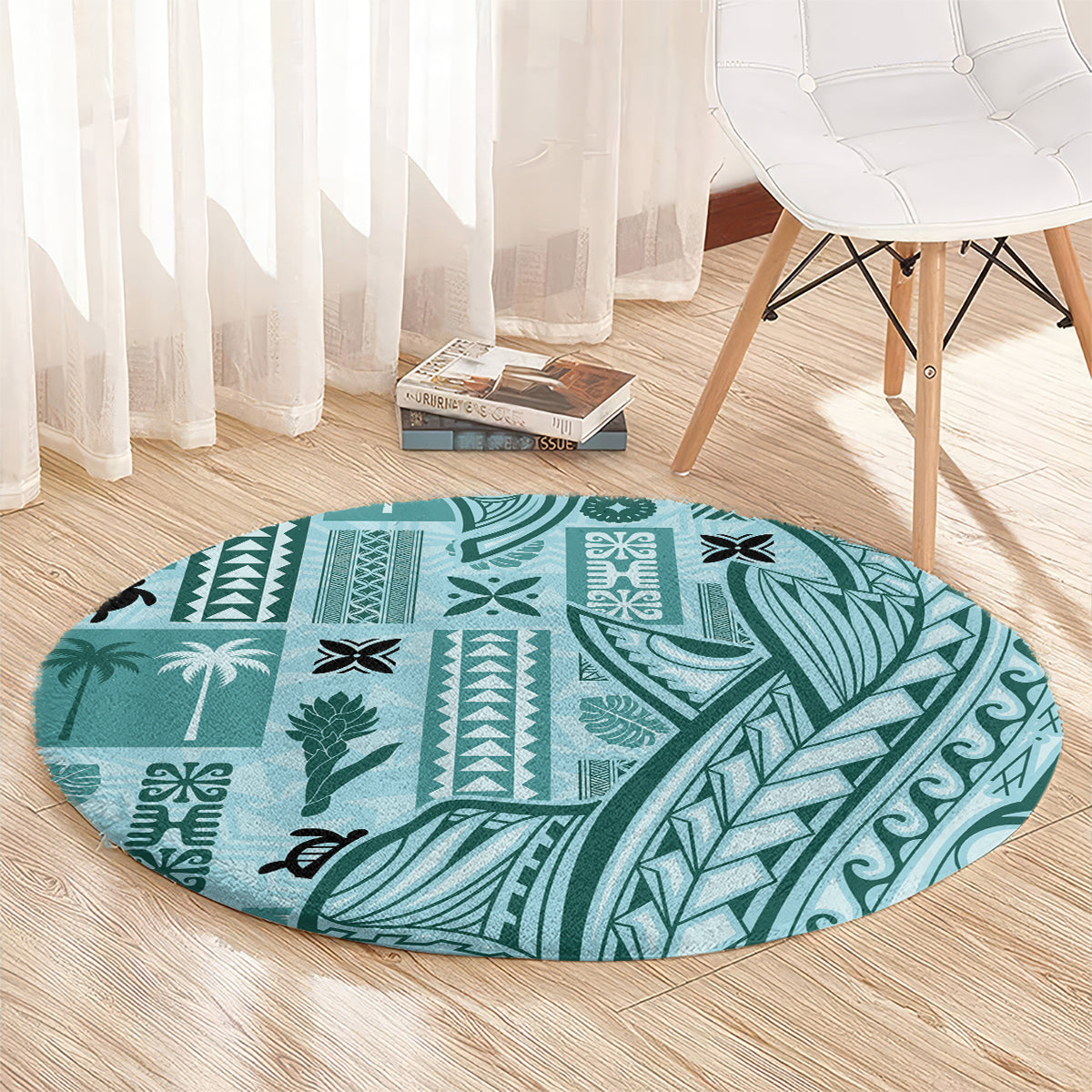 Samoa Tapa Round Carpet Siapo Mix Tatau Patterns - Teal LT7 - Polynesian Pride