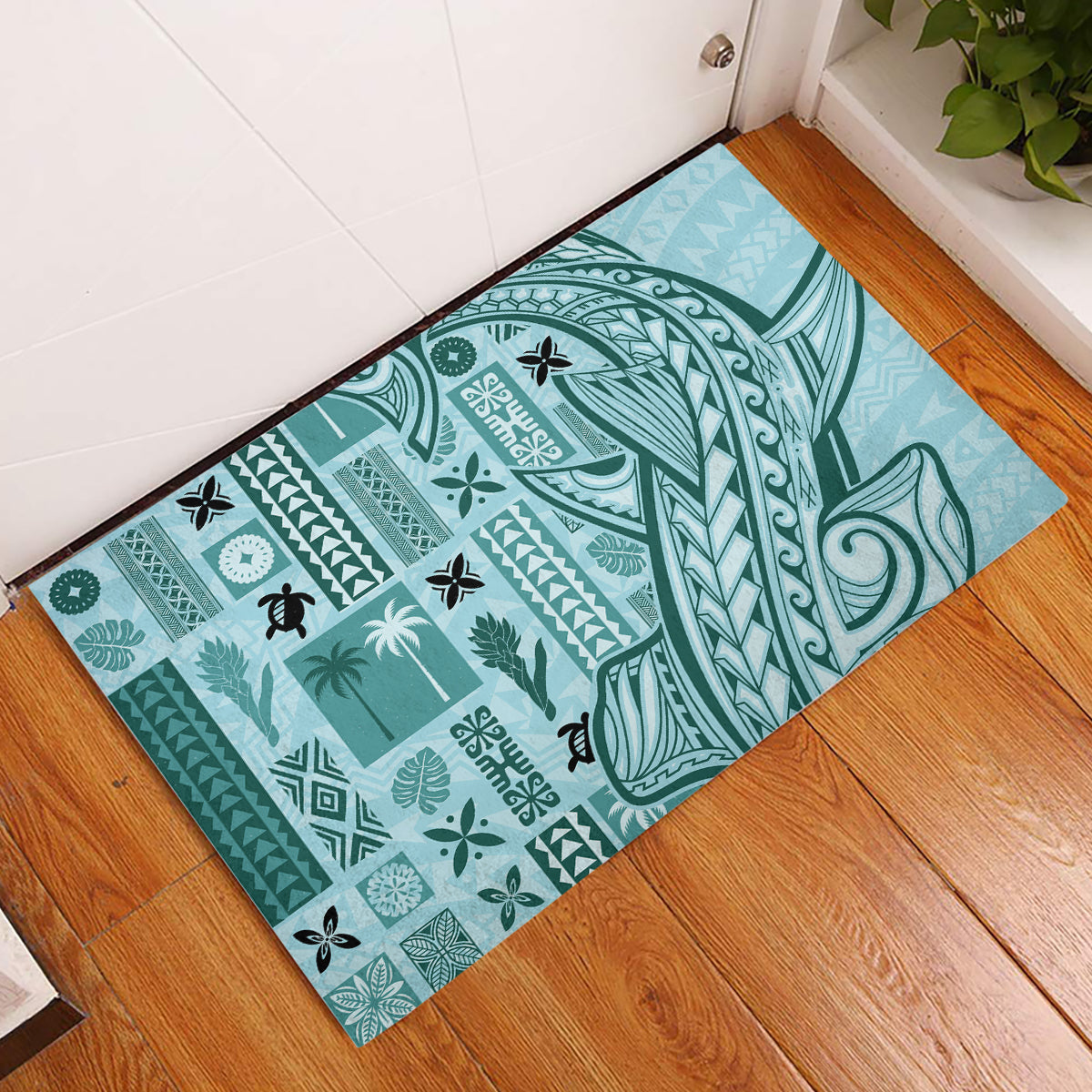 Samoa Tapa Rubber Doormat Siapo Mix Tatau Patterns - Teal LT7 Teal - Polynesian Pride