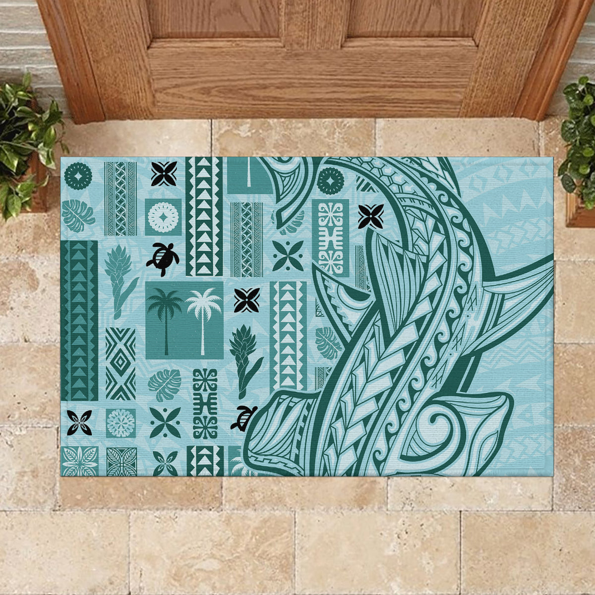 Samoa Tapa Rubber Doormat Siapo Mix Tatau Patterns - Teal LT7 - Polynesian Pride