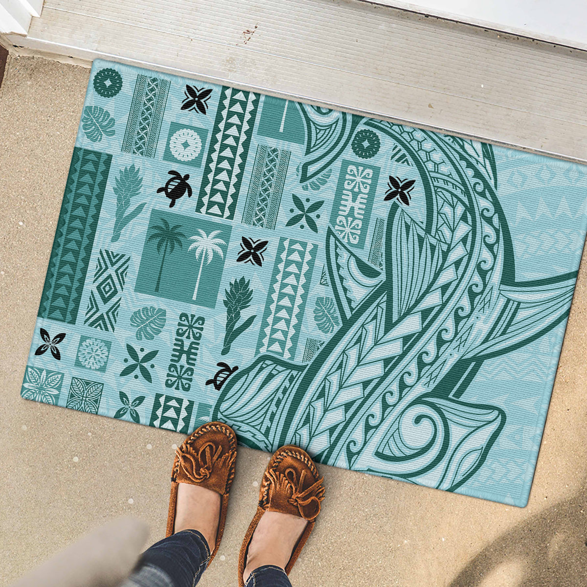 Samoa Tapa Rubber Doormat Siapo Mix Tatau Patterns - Teal LT7 - Polynesian Pride