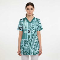 Samoa Tapa Scrub Top Siapo Mix Tatau Patterns - Teal - Polynesian Pride