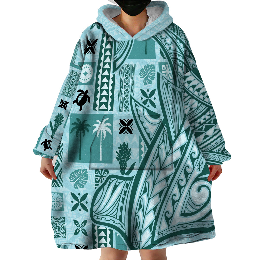 Samoa Tapa Wearable Blanket Hoodie Siapo Mix Tatau Patterns - Teal LT7 - Polynesian Pride