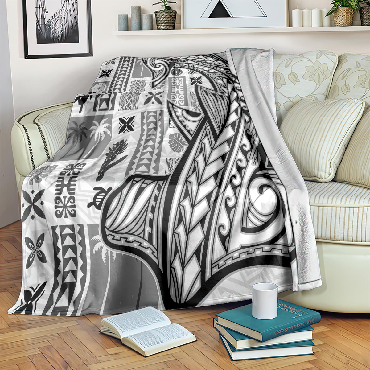 Samoa Tapa Blanket Siapo Mix Tatau Patterns - White LT7 - Polynesian Pride