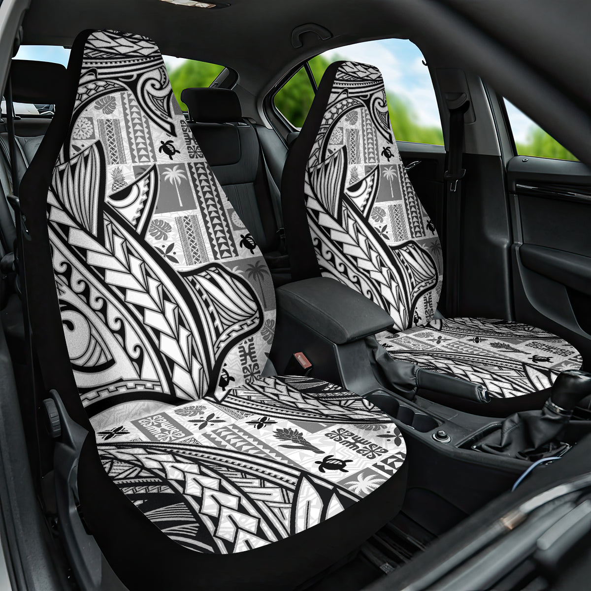 Samoa Tapa Car Seat Cover Siapo Mix Tatau Patterns - White LT7 One Size White - Polynesian Pride