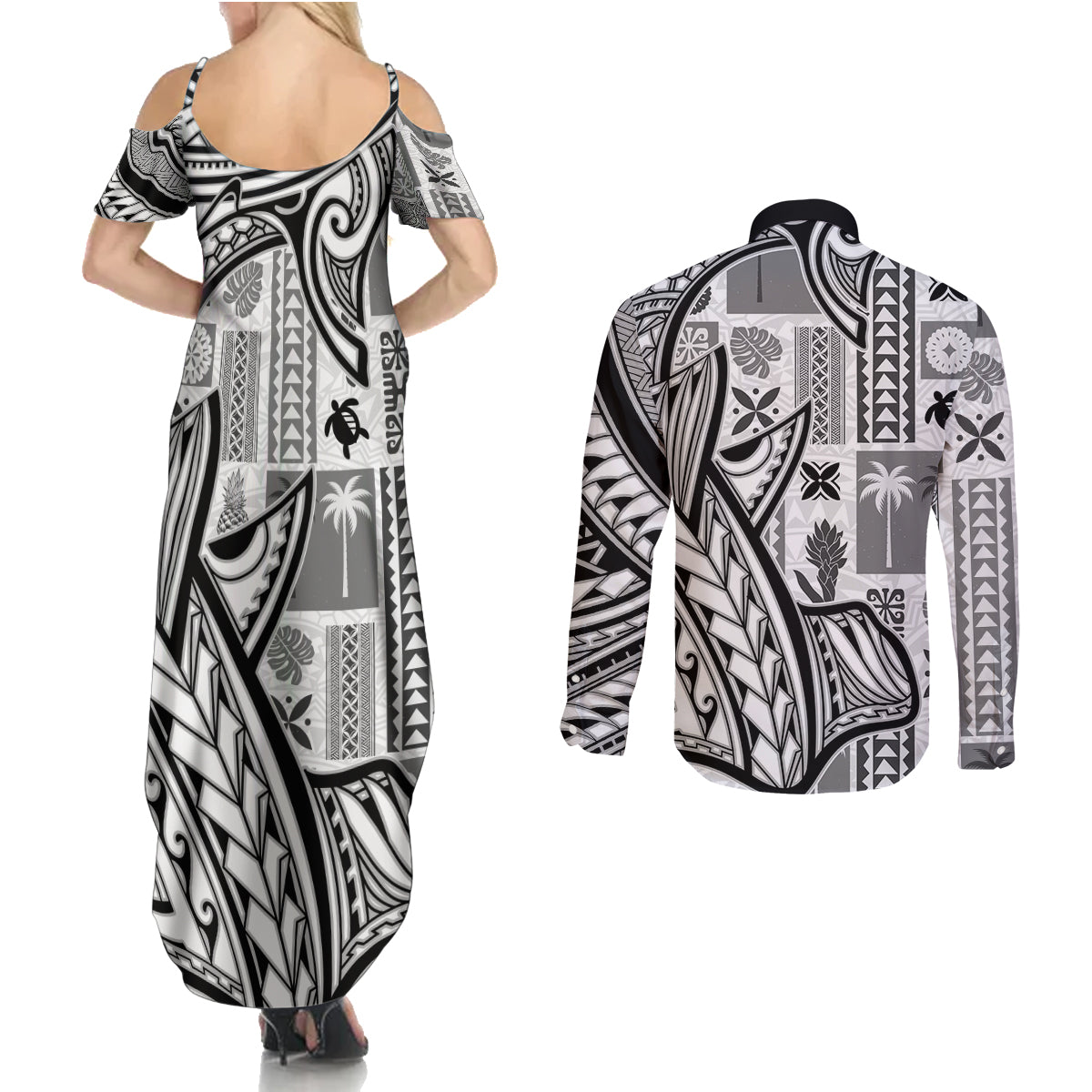 Samoa Tapa Couples Matching Summer Maxi Dress and Long Sleeve Button Shirt Siapo Mix Tatau Patterns - White LT7 - Polynesian Pride