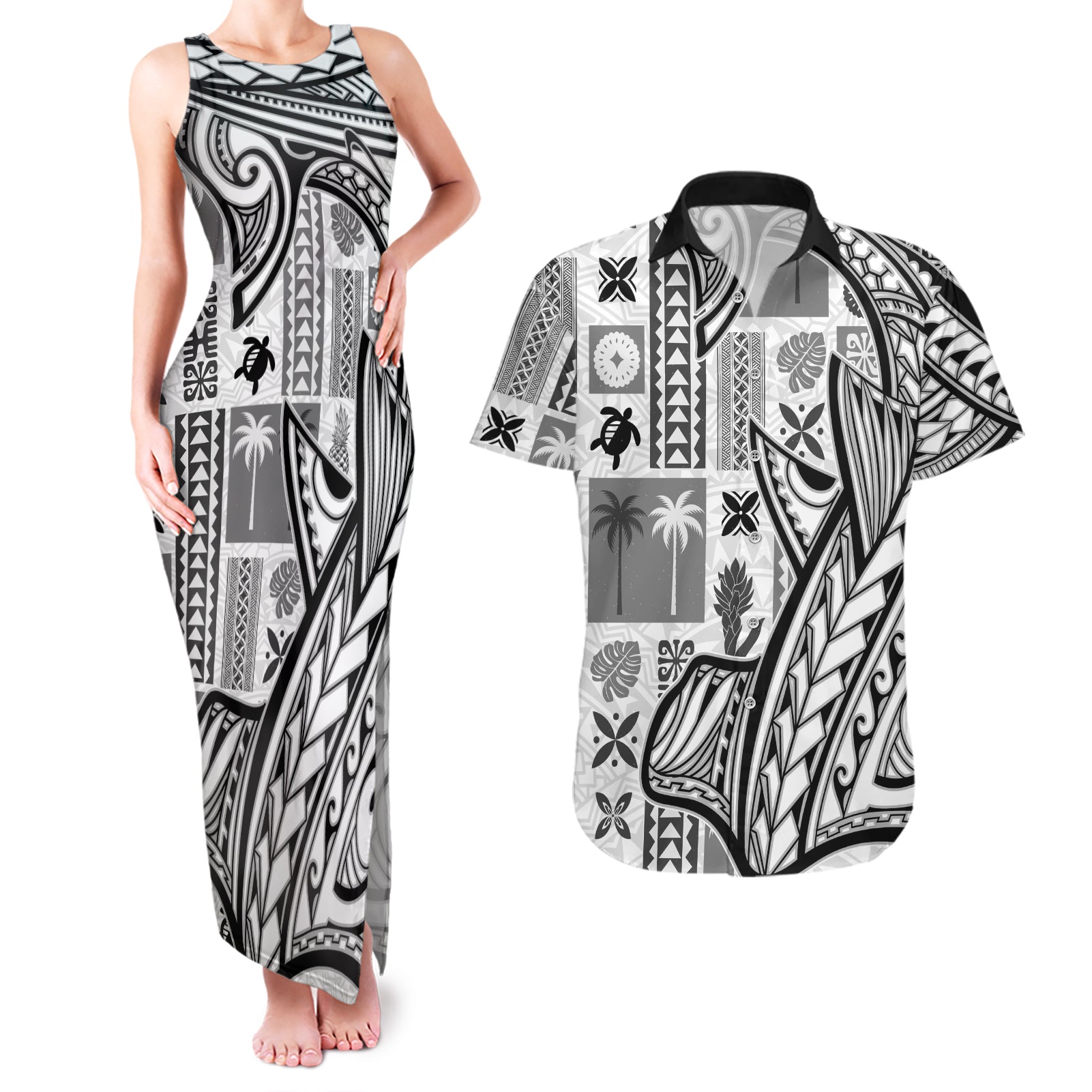 Samoa Tapa Couples Matching Tank Maxi Dress and Hawaiian Shirt Siapo Mix Tatau Patterns - White LT7 White - Polynesian Pride