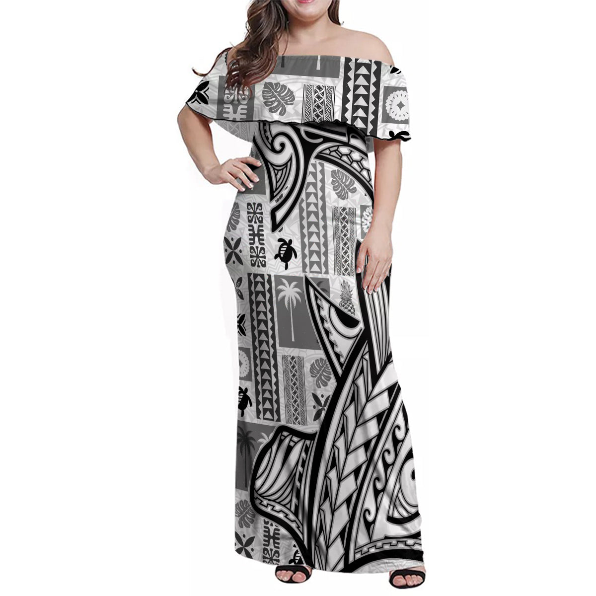 Samoa Tapa Family Matching Off Shoulder Maxi Dress and Hawaiian Shirt Siapo Mix Tatau Patterns - White LT7 Mom's Dress White - Polynesian Pride