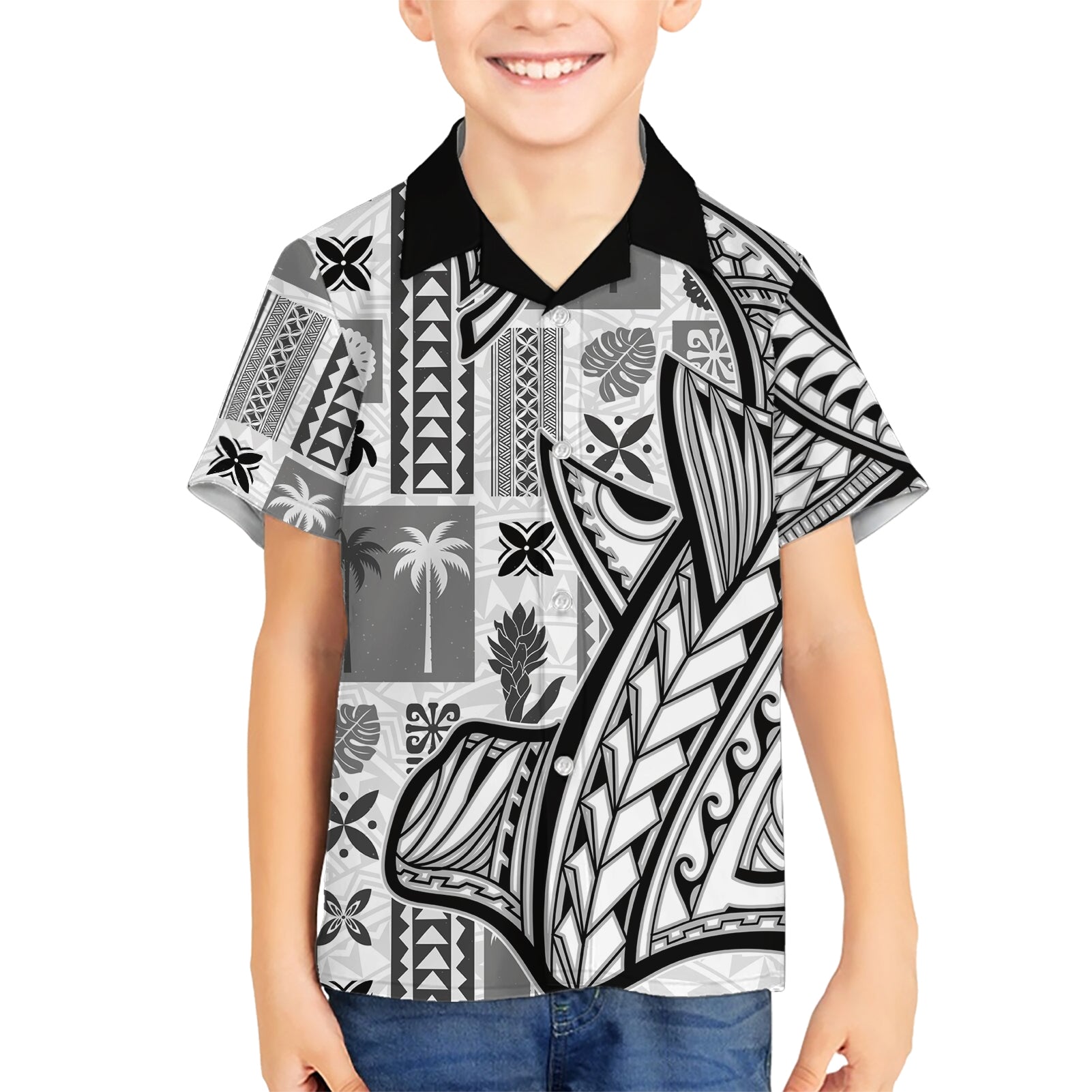 Samoa Tapa Kid Hawaiian Shirt Siapo Mix Tatau Patterns - White LT7 Kid White - Polynesian Pride