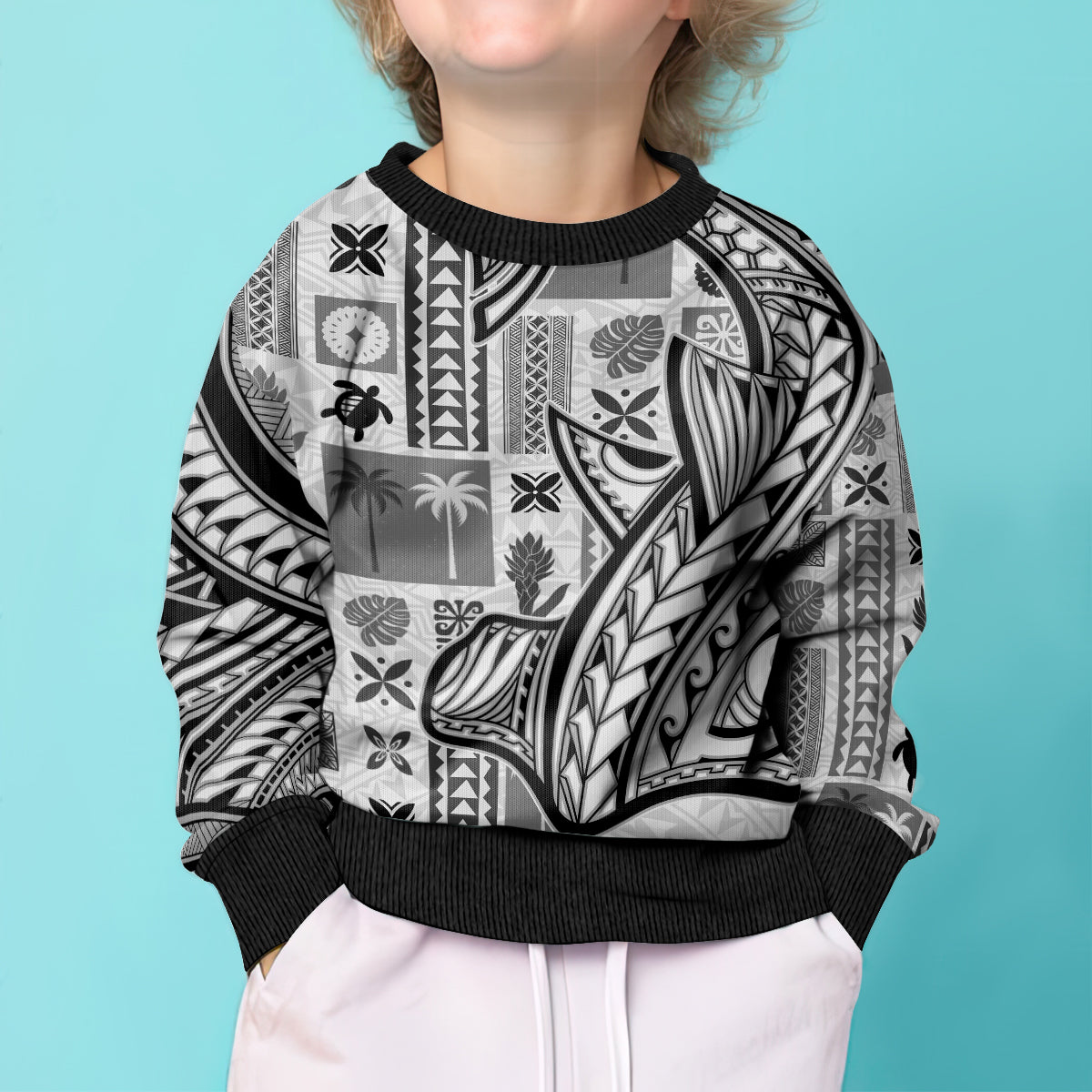 Samoa Tapa Kid Ugly Christmas Sweater Siapo Mix Tatau Patterns - White LT7 - Polynesian Pride