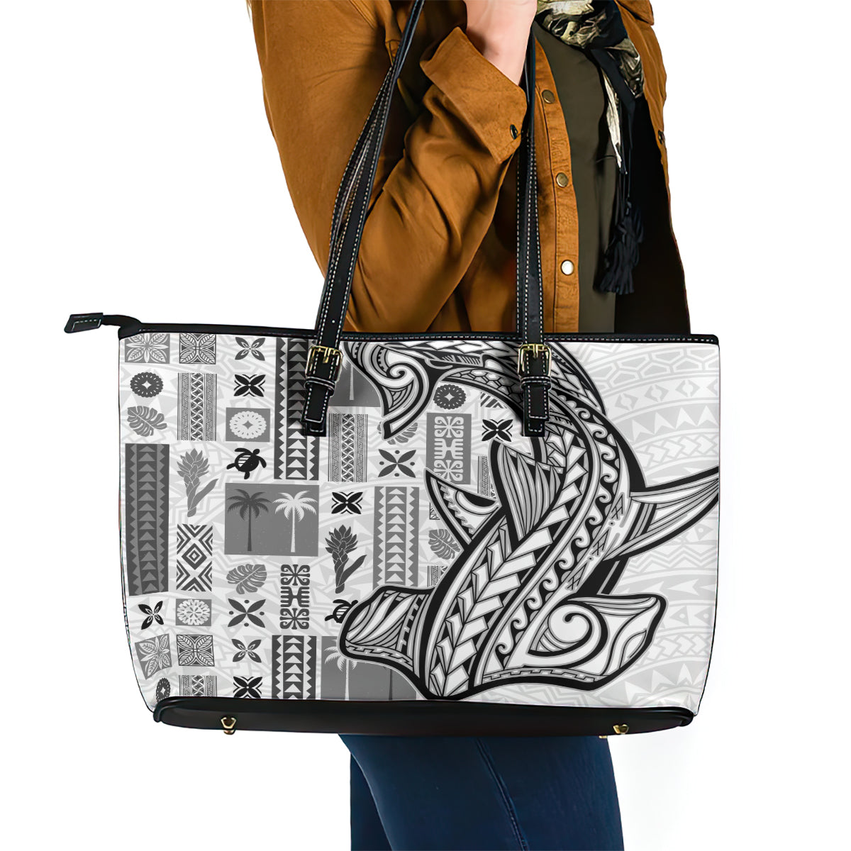 Samoa Tapa Leather Tote Bag Siapo Mix Tatau Patterns - White LT7 - Polynesian Pride