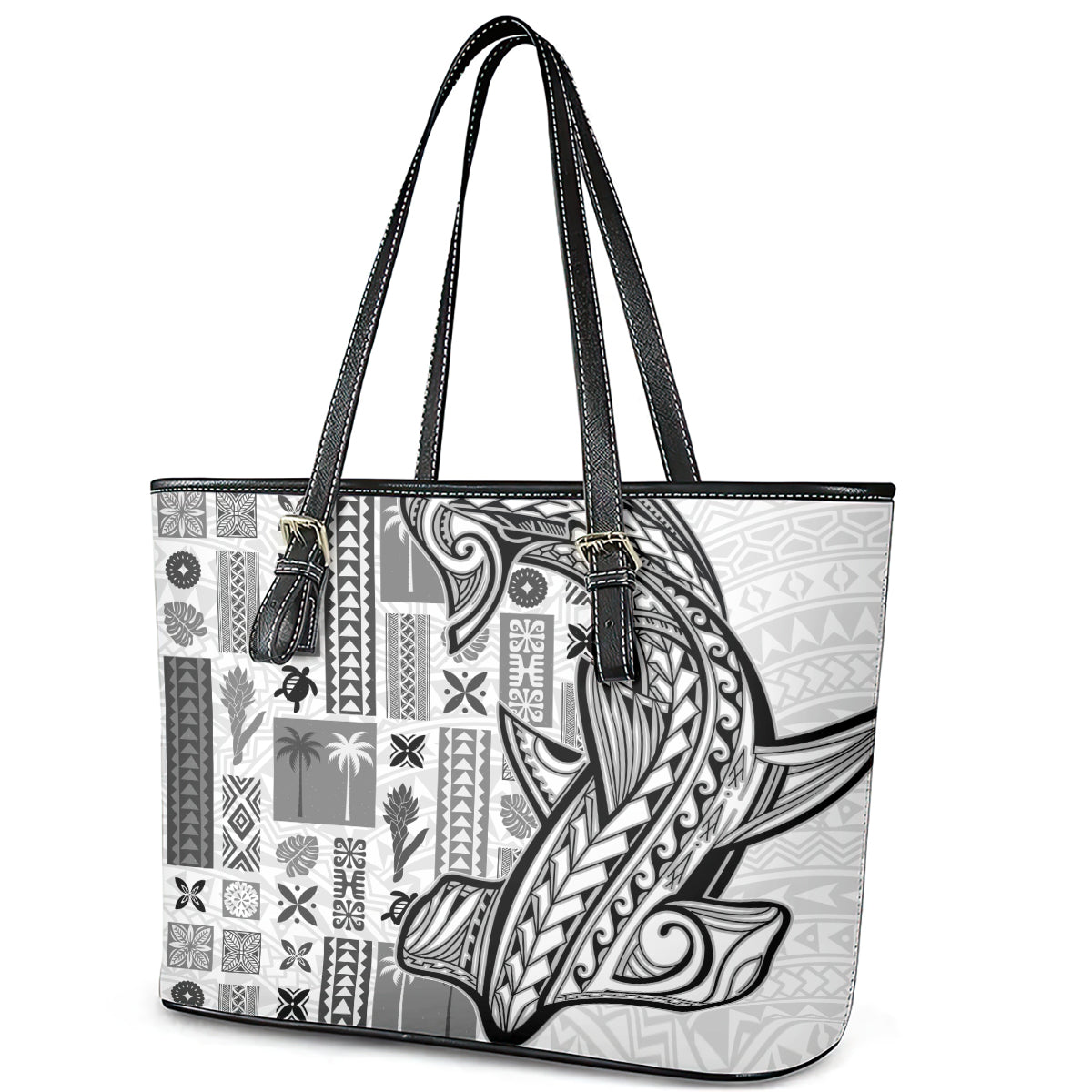 Samoa Tapa Leather Tote Bag Siapo Mix Tatau Patterns - White LT7 - Polynesian Pride