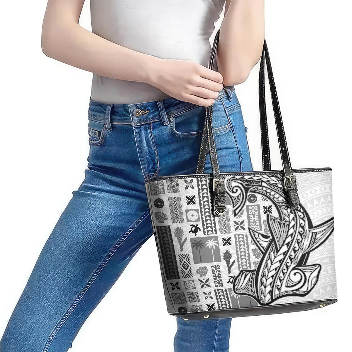 Samoa Tapa Leather Tote Bag Siapo Mix Tatau Patterns - White LT7 - Polynesian Pride