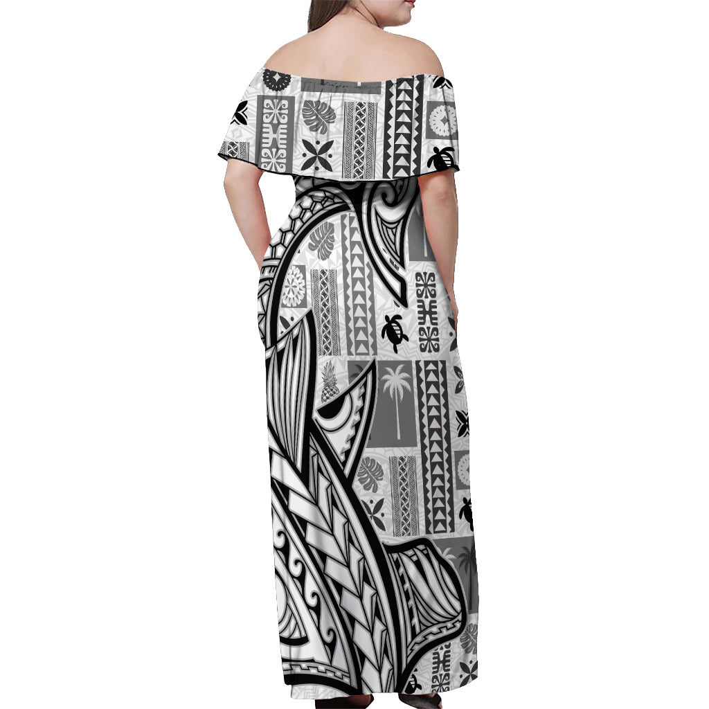 Samoa Tapa Off Shoulder Maxi Dress Siapo Mix Tatau Patterns - White LT7 - Polynesian Pride