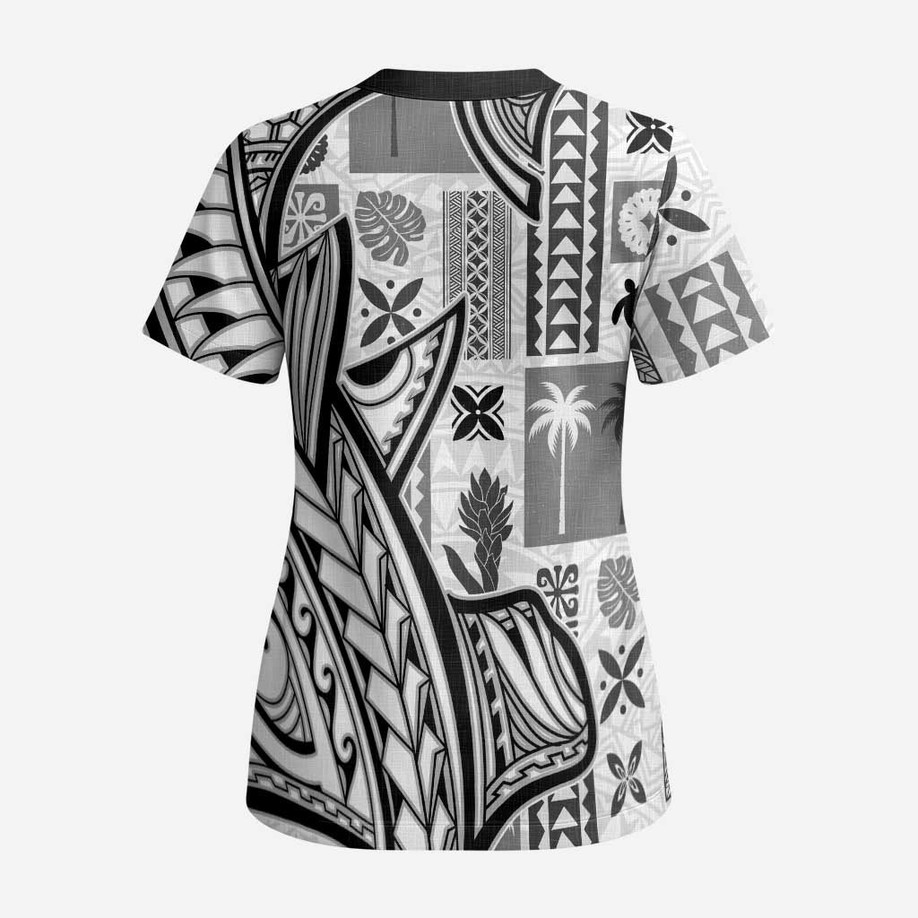 Samoa Tapa Scrub Top Siapo Mix Tatau Patterns - White - Polynesian Pride