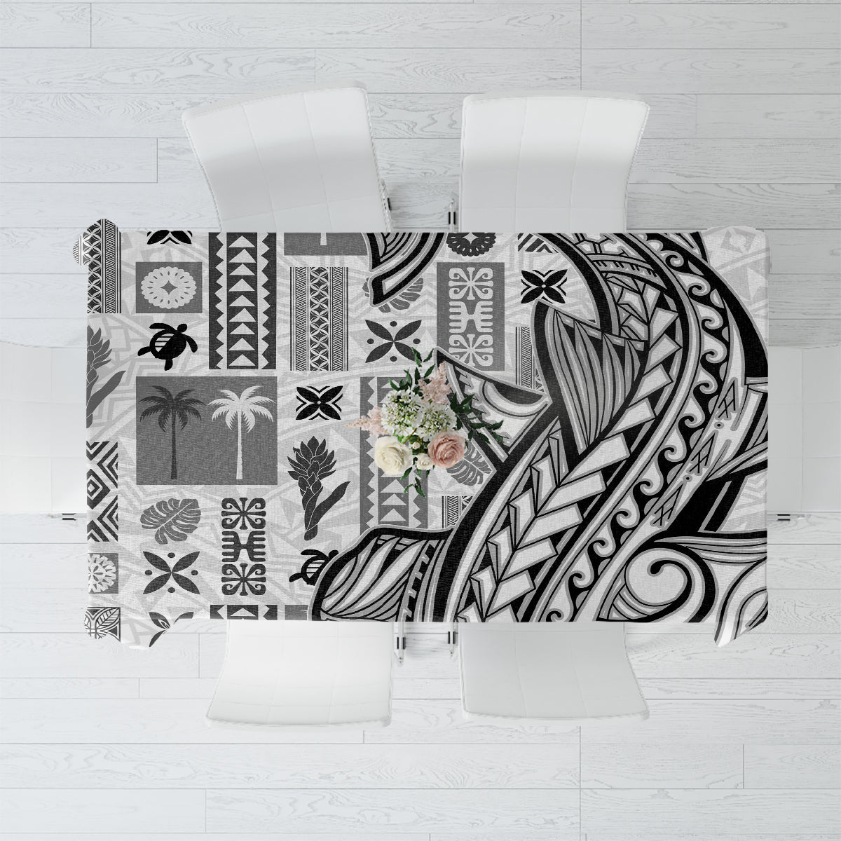 Samoa Tapa Tablecloth Siapo Mix Tatau Patterns - White LT7 White - Polynesian Pride
