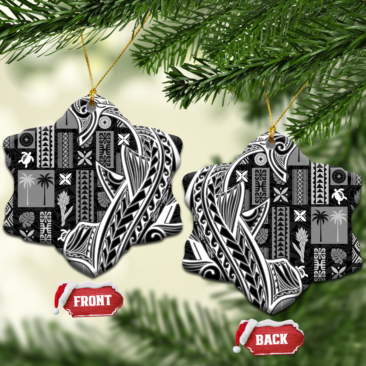 Samoa Tapa Ceramic Ornament Siapo Mix Tatau Patterns - Black LT7 Snow Flake Black - Polynesian Pride