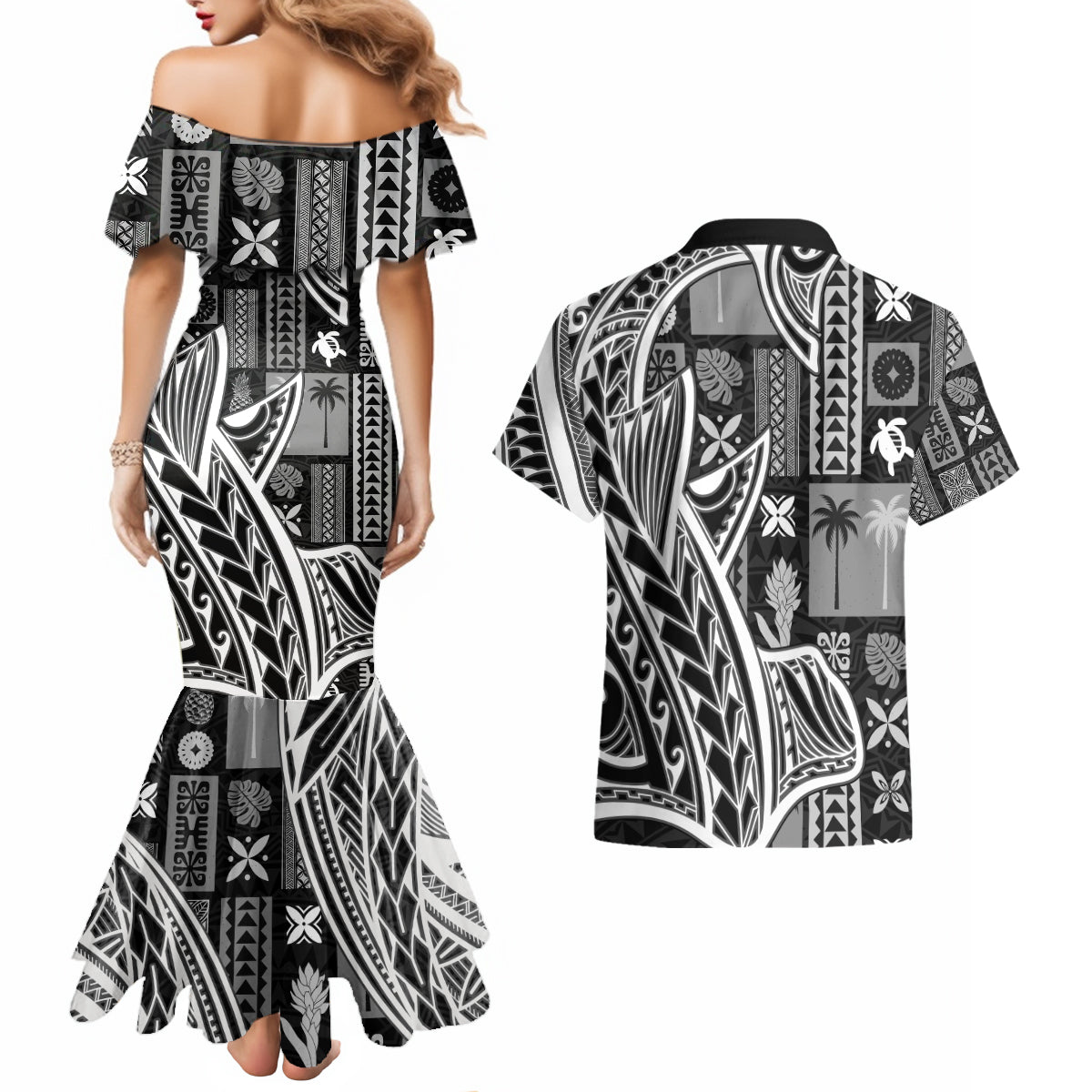 Samoa Tapa Couples Matching Mermaid Dress and Hawaiian Shirt Siapo Mix Tatau Patterns - Black LT7 - Polynesian Pride