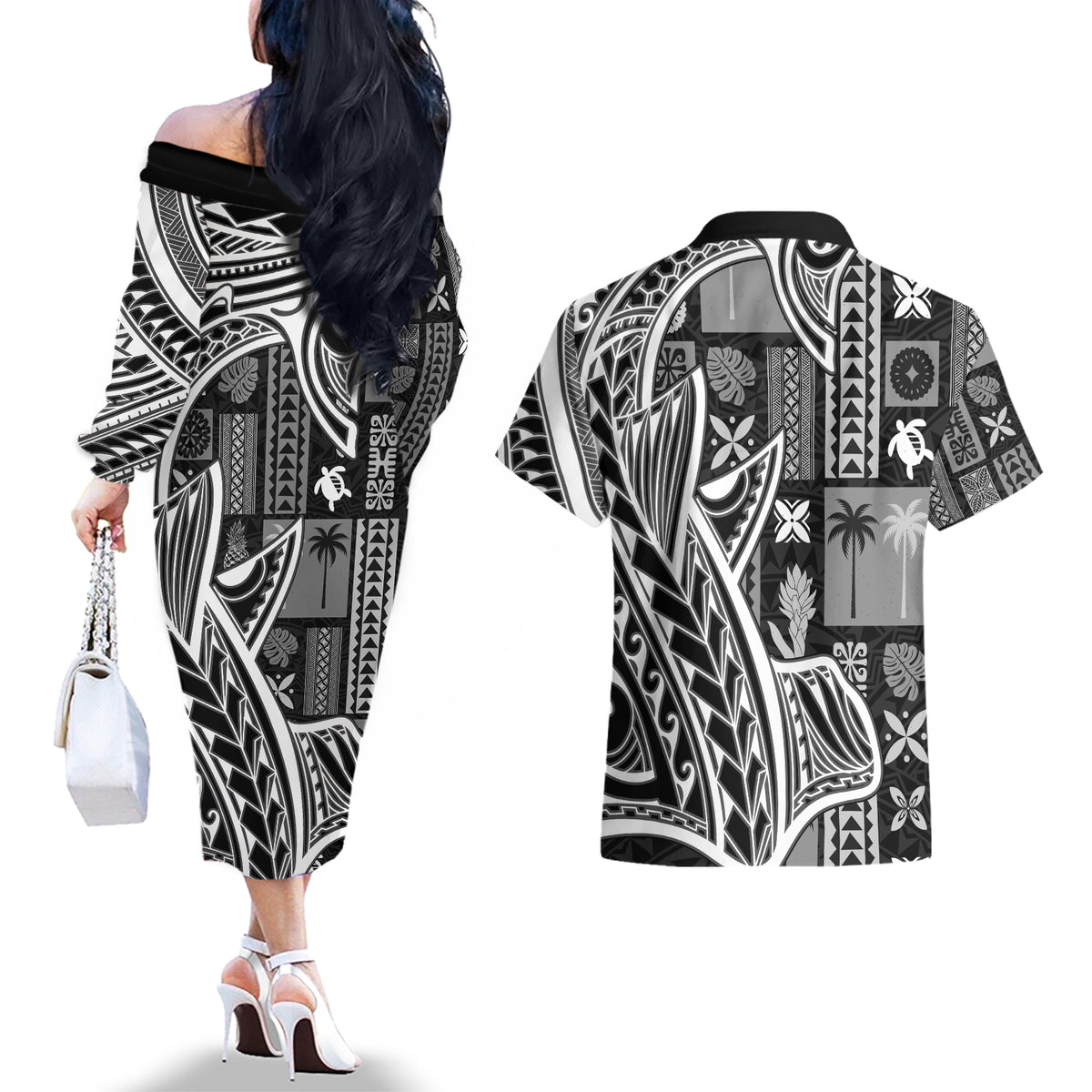 Samoa Tapa Couples Matching Off The Shoulder Long Sleeve Dress and Hawaiian Shirt Siapo Mix Tatau Patterns - Black LT7 - Polynesian Pride