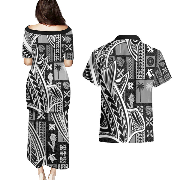 Polynesian Pride Couples Matching Puletasi Dress and Hawaiian Shirt Turtle Hibiscus Luxury Style - Aquamarine LT7