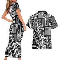 Samoa Tapa Couples Matching Short Sleeve Bodycon Dress and Hawaiian Shirt Siapo Mix Tatau Patterns - Black LT7