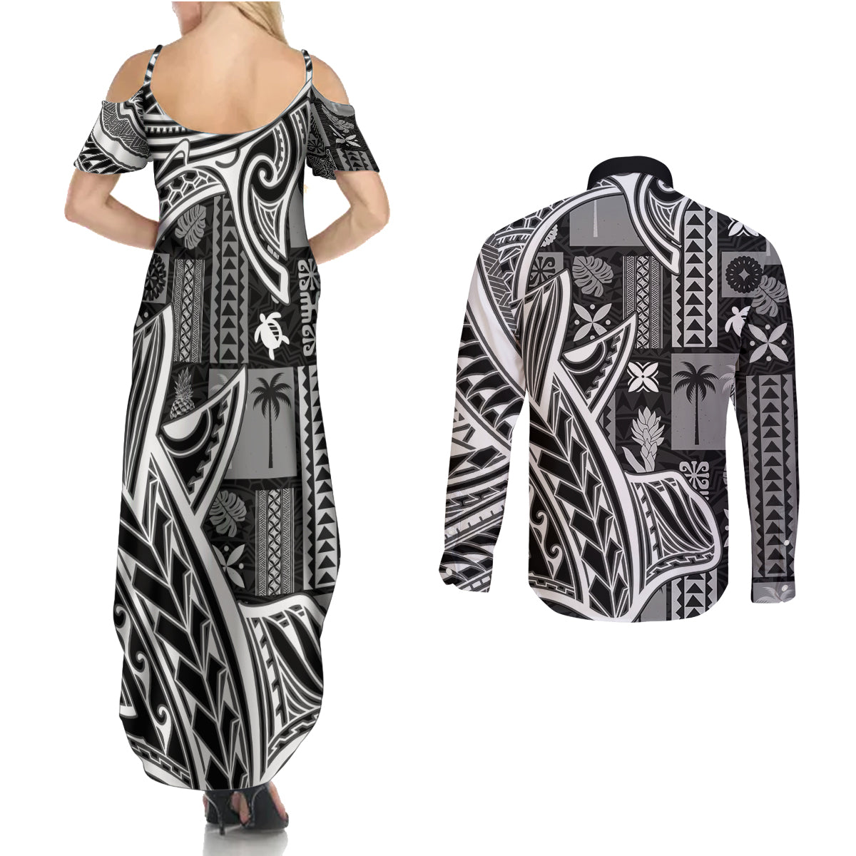 Samoa Tapa Couples Matching Summer Maxi Dress and Long Sleeve Button Shirt Siapo Mix Tatau Patterns - Black LT7 - Polynesian Pride