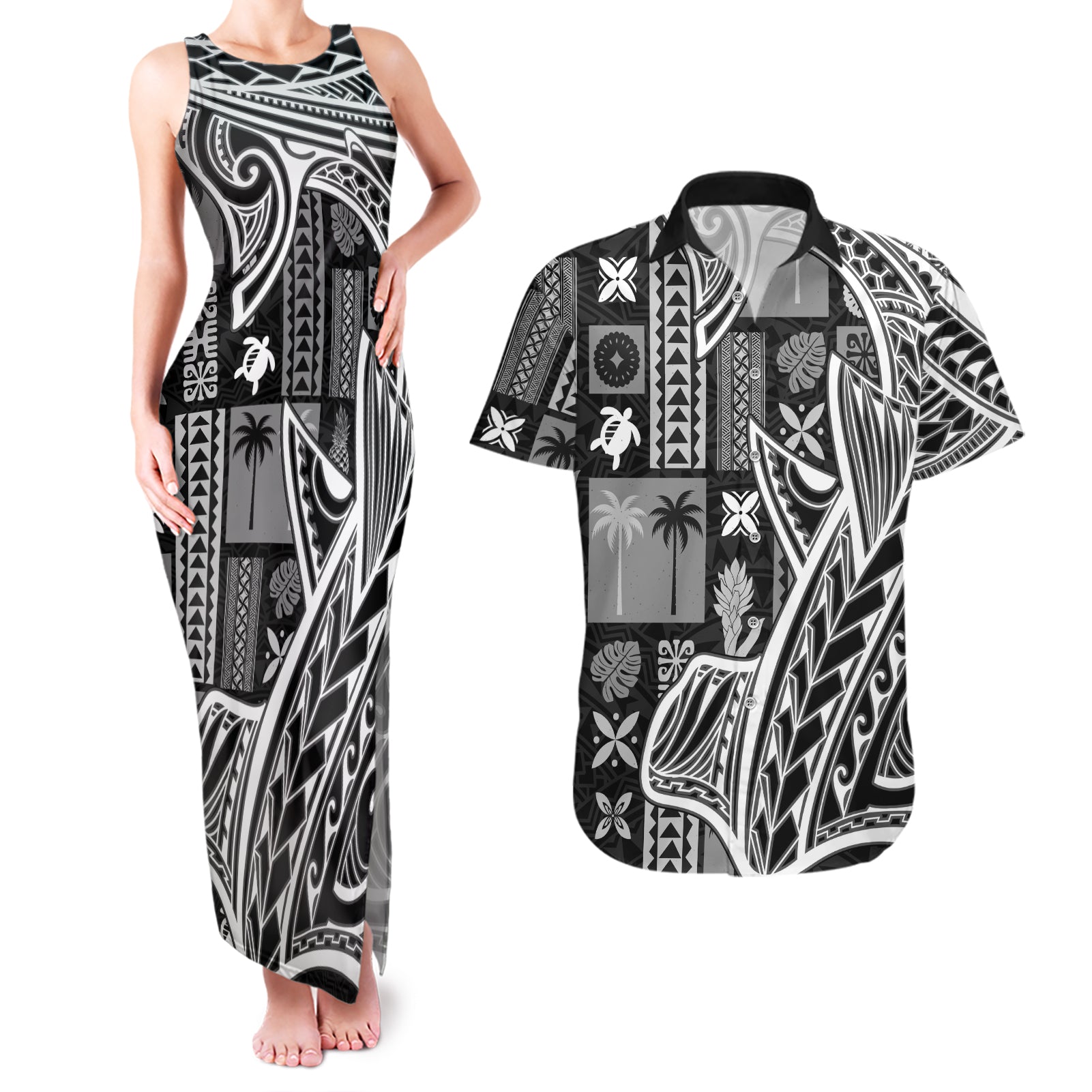 Samoa Tapa Couples Matching Tank Maxi Dress and Hawaiian Shirt Siapo Mix Tatau Patterns - Black LT7 Black - Polynesian Pride