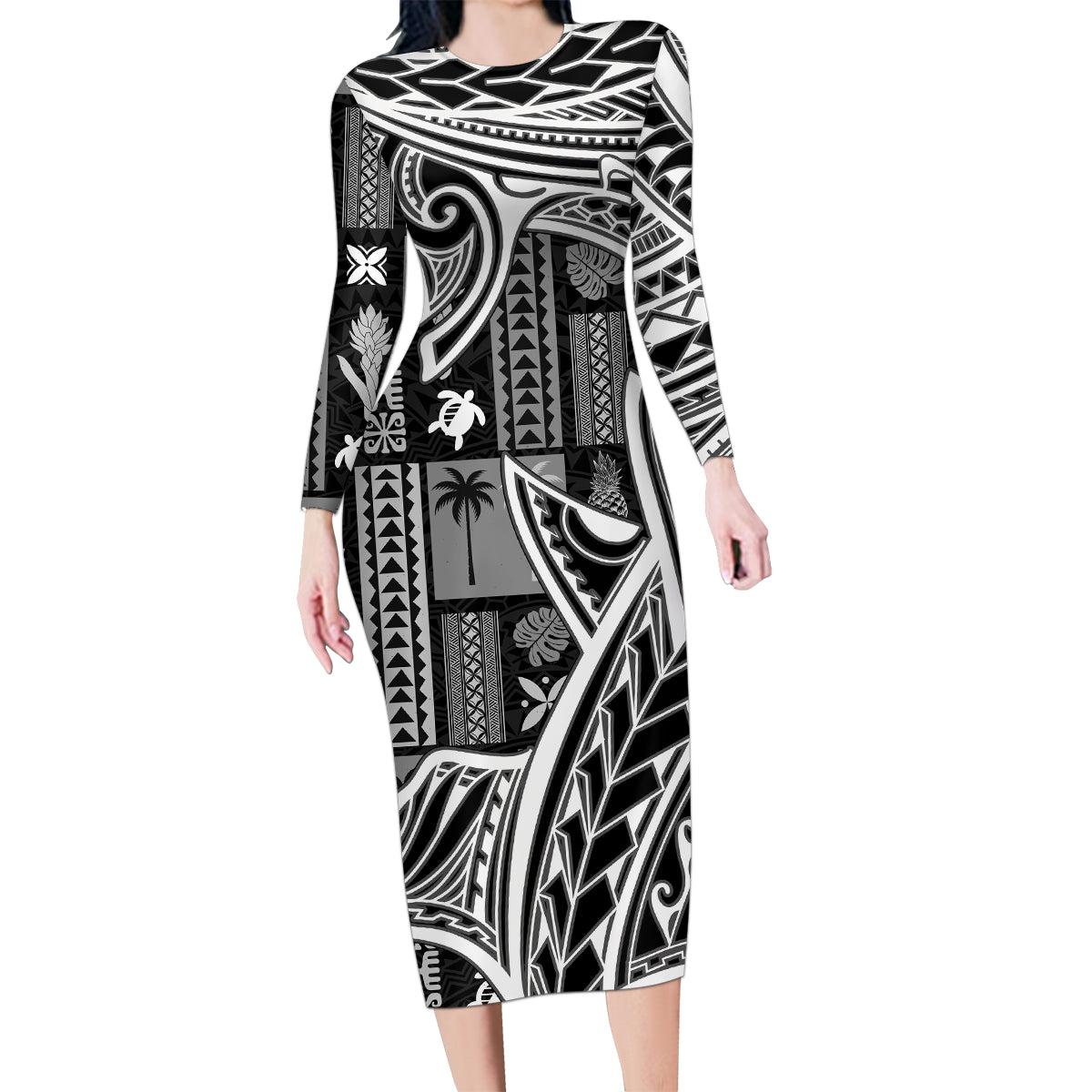 Samoa Tapa Family Matching Long Sleeve Bodycon Dress and Hawaiian Shirt Siapo Mix Tatau Patterns - Black LT7 Mom's Dress Black - Polynesian Pride