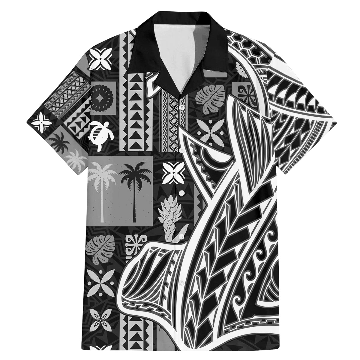 Samoa Tapa Family Matching Mermaid Dress and Hawaiian Shirt Siapo Mix Tatau Patterns - Black LT7 Dad's Shirt - Short Sleeve Black - Polynesian Pride
