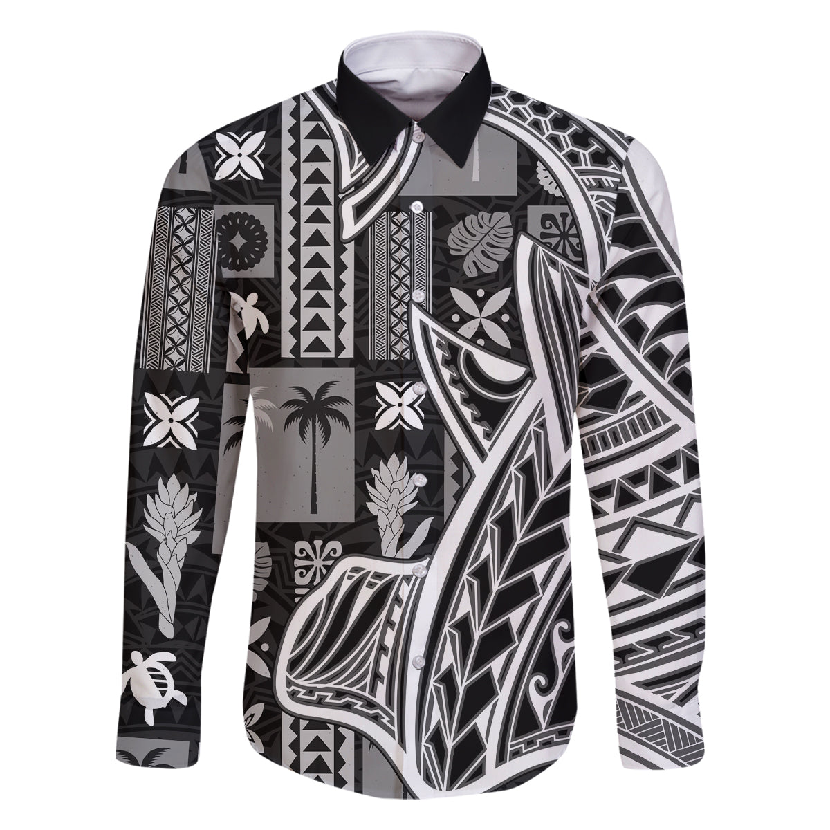 Samoa Tapa Family Matching Summer Maxi Dress and Hawaiian Shirt Siapo Mix Tatau Patterns - Black LT7 Dad's Shirt - Long Sleeve Black - Polynesian Pride
