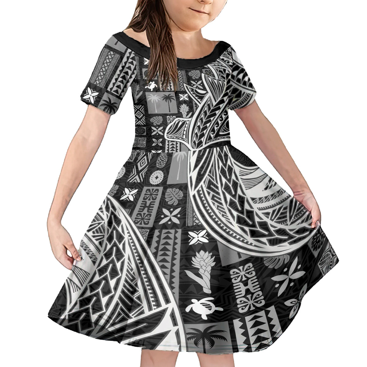 Samoa Tapa Kid Short Sleeve Dress Siapo Mix Tatau Patterns - Black LT7 KID Black - Polynesian Pride