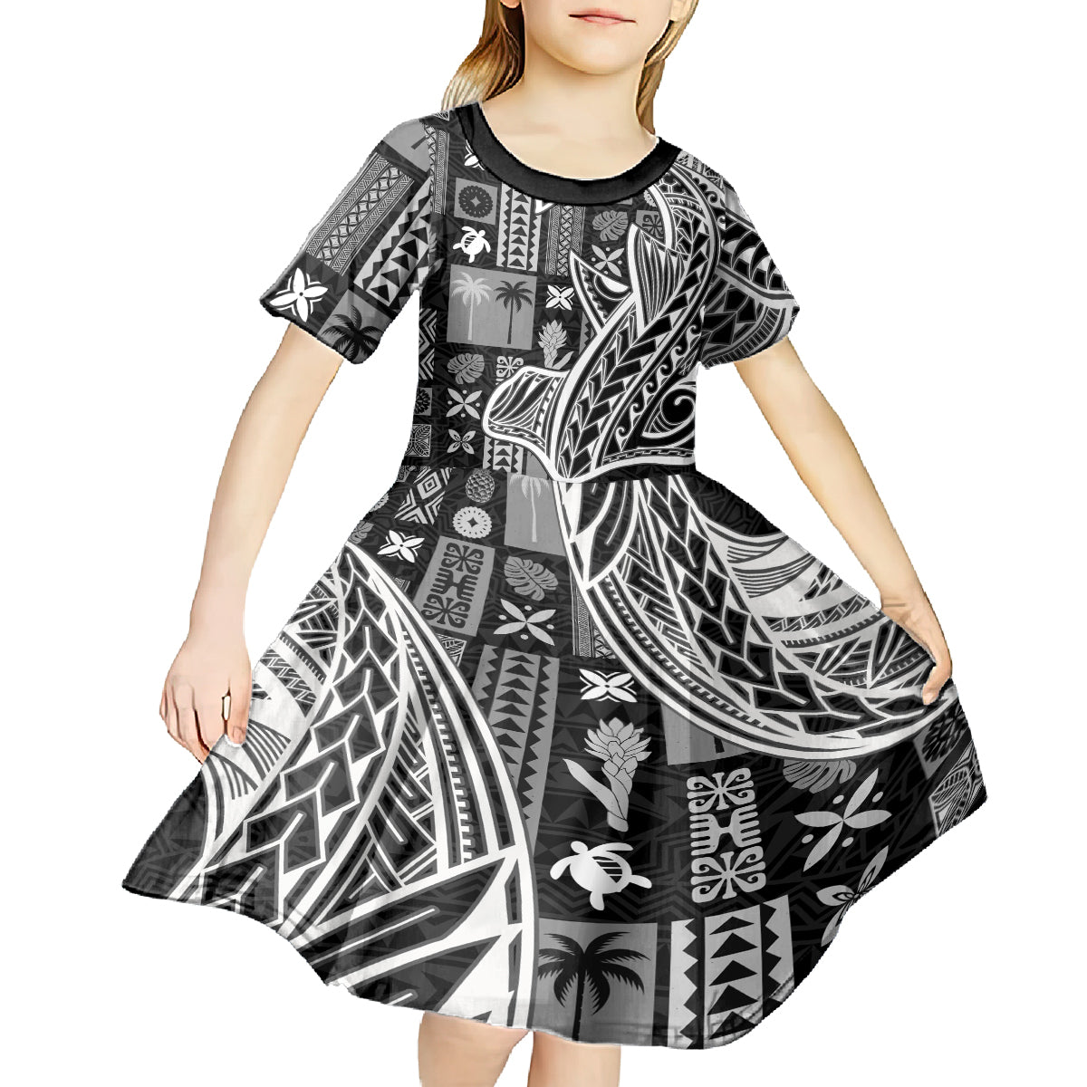 Samoa Tapa Kid Short Sleeve Dress Siapo Mix Tatau Patterns - Black LT7 - Polynesian Pride